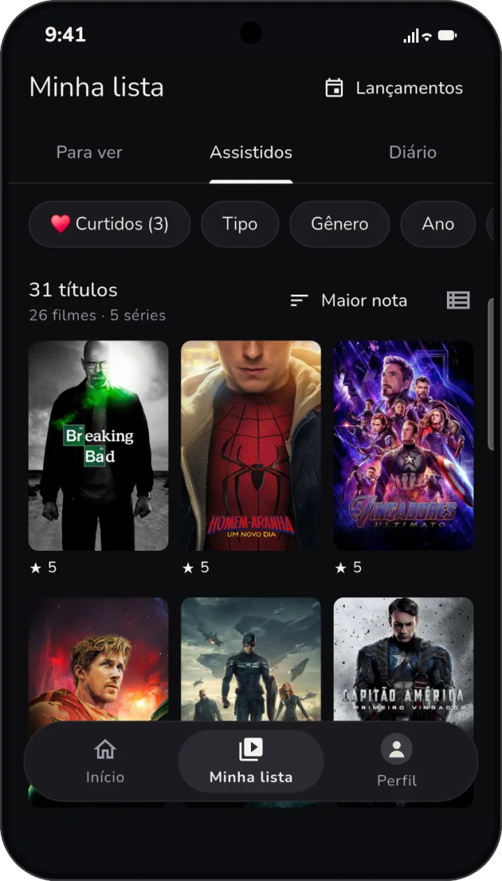 Lista de assistidos no Clakki, com 31 títulos ordenados pela maior nota.