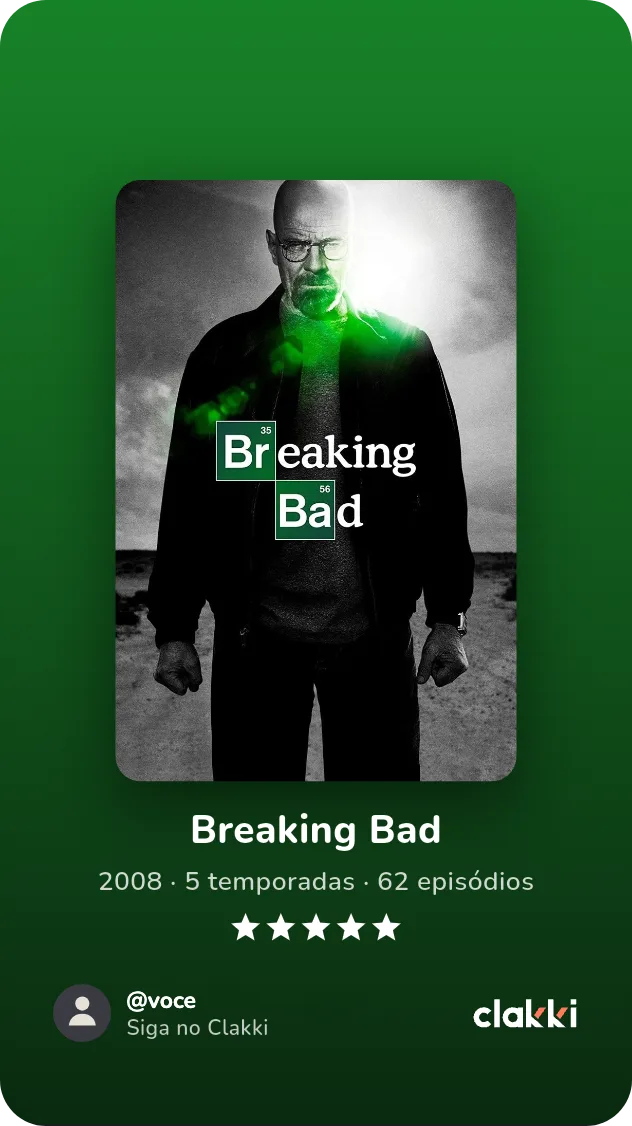 Card de Breaking Bad com pôster, cinco estrelas e o @ de quem compartilhou, sobre um degradê verde.