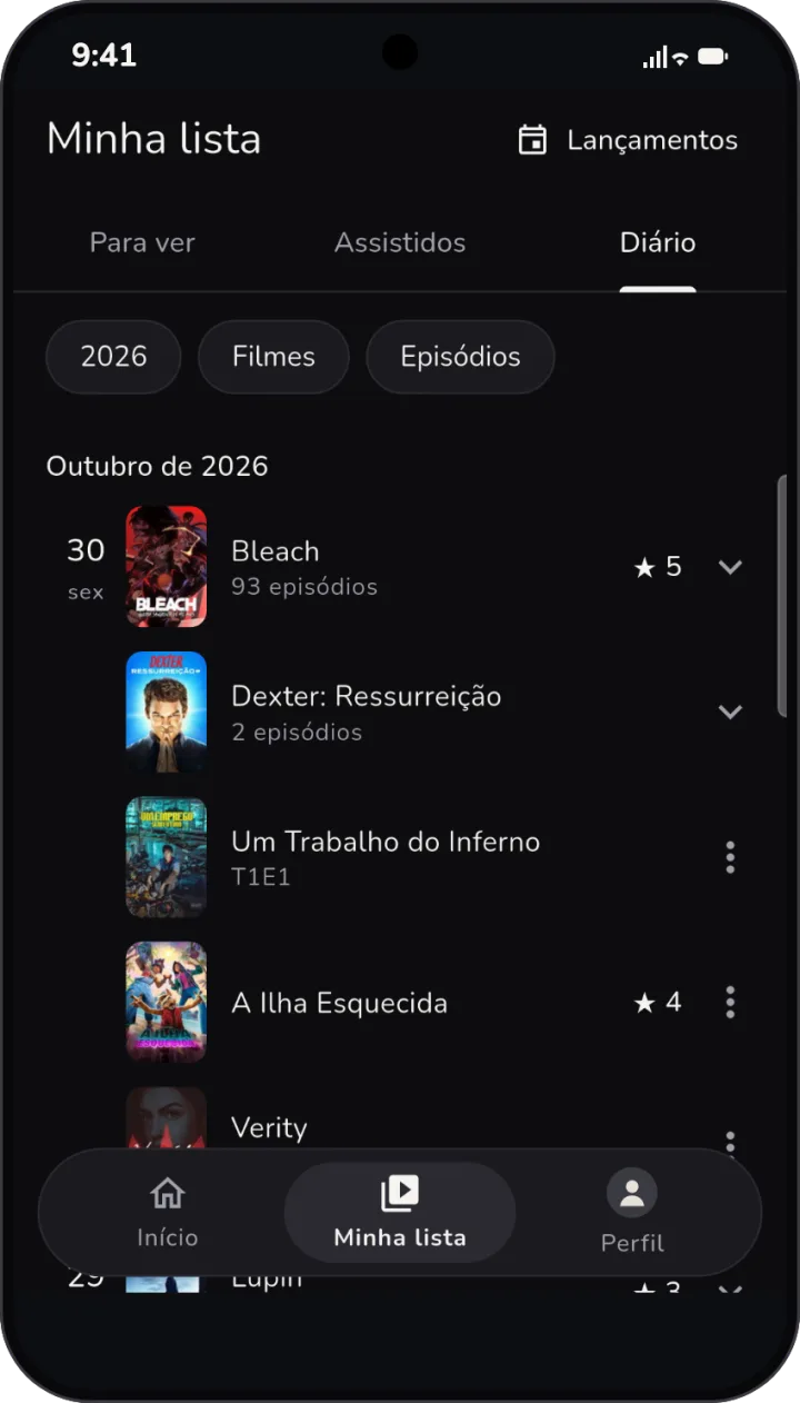Diário de outubro de 2026, com os títulos vistos em cada dia e as notas.