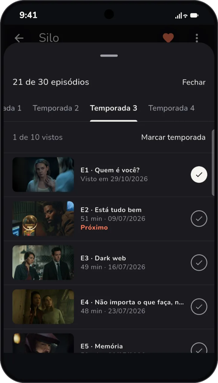 Episódios da terceira temporada de Silo, com o primeiro marcado e o segundo indicado como próximo.