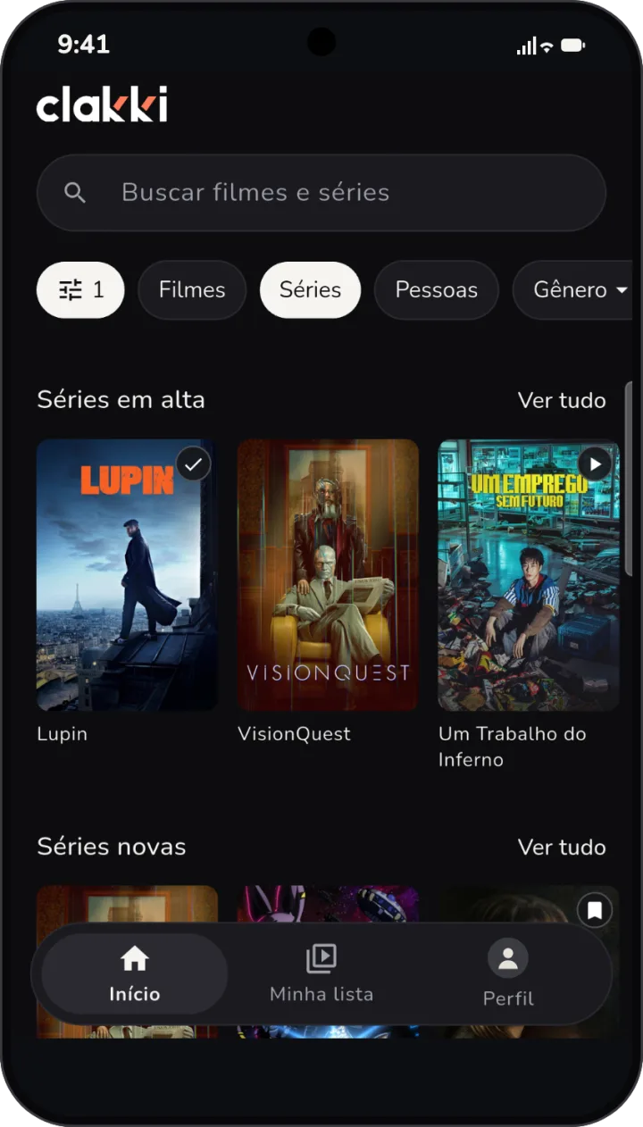 Início do Clakki, com a busca de filmes e séries e as séries em alta.