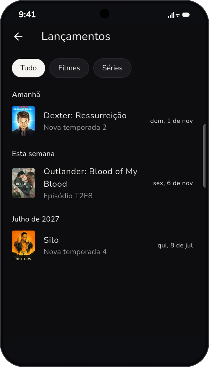 Tela de Lançamentos, com novas temporadas e episódios organizados por data.